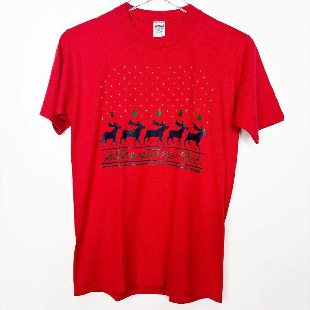Vintage Jerzees 80’s Christmas Red Yellowstone Park Reindeer Single Stitch Tee M